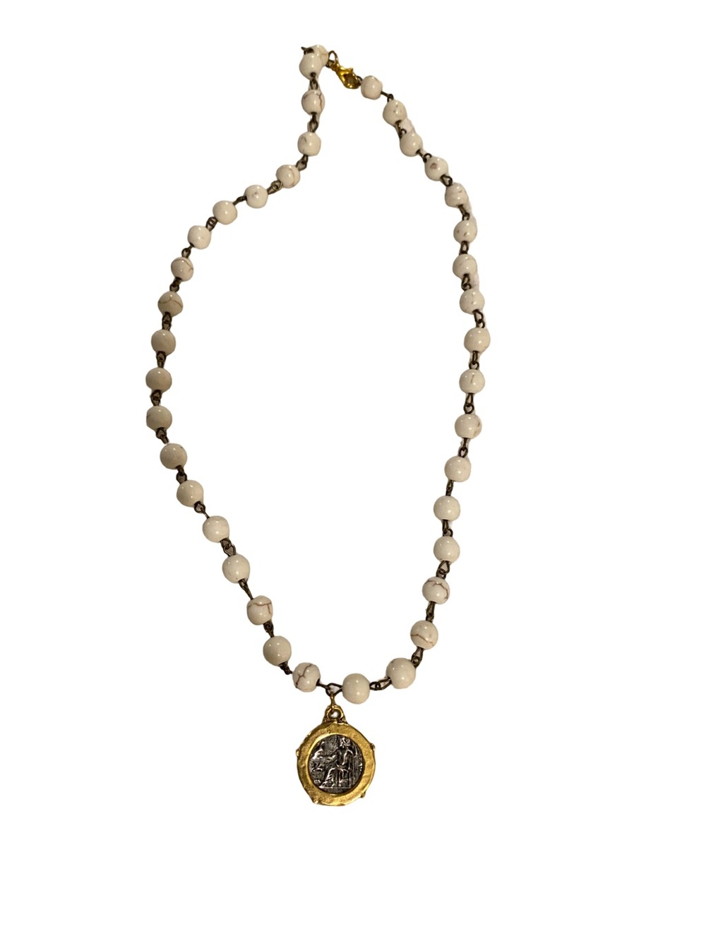 Gold Pendant White Bead Necklace